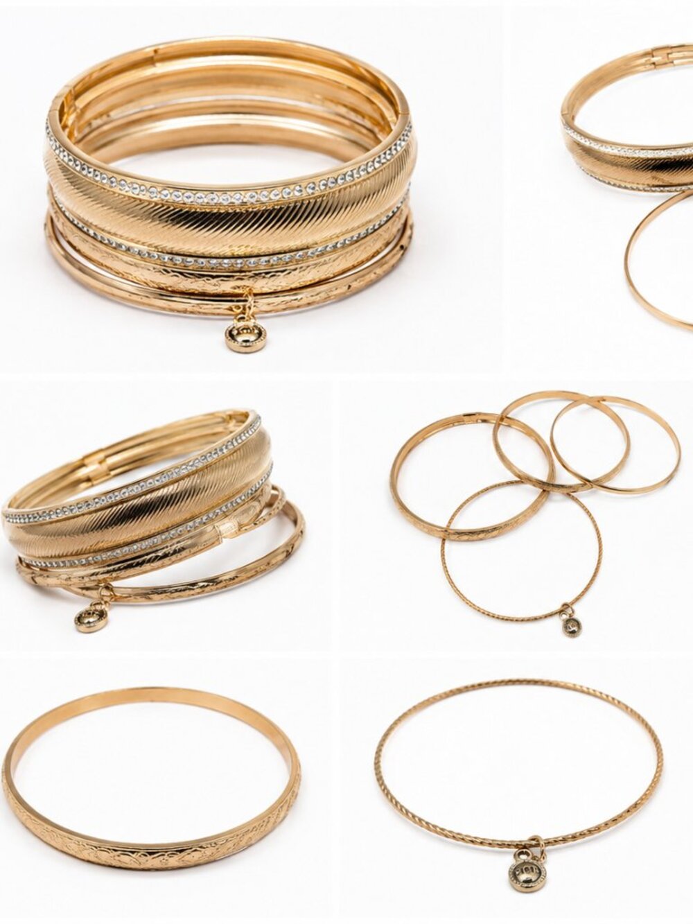 Faux Gold Bangle Bracelet Set Rhinestone Accent Stackable Bangles